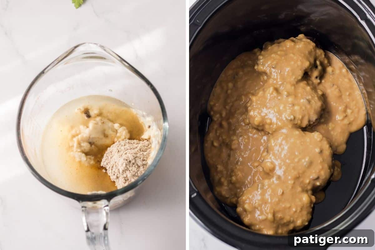 Tender Slow Cooker Salisbury Steaks 7 Two image collage of mixing bowl with gravy ingredients and crockpot with hamburger steaks covered in gravy.