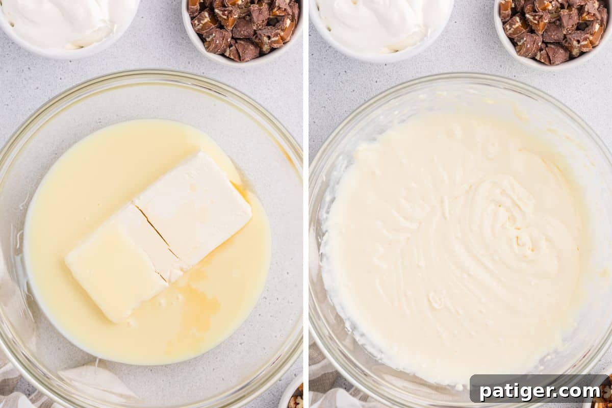 Two image collage of cream cheese, sweetened condensed milk, and caramel extract before and after mixing together.