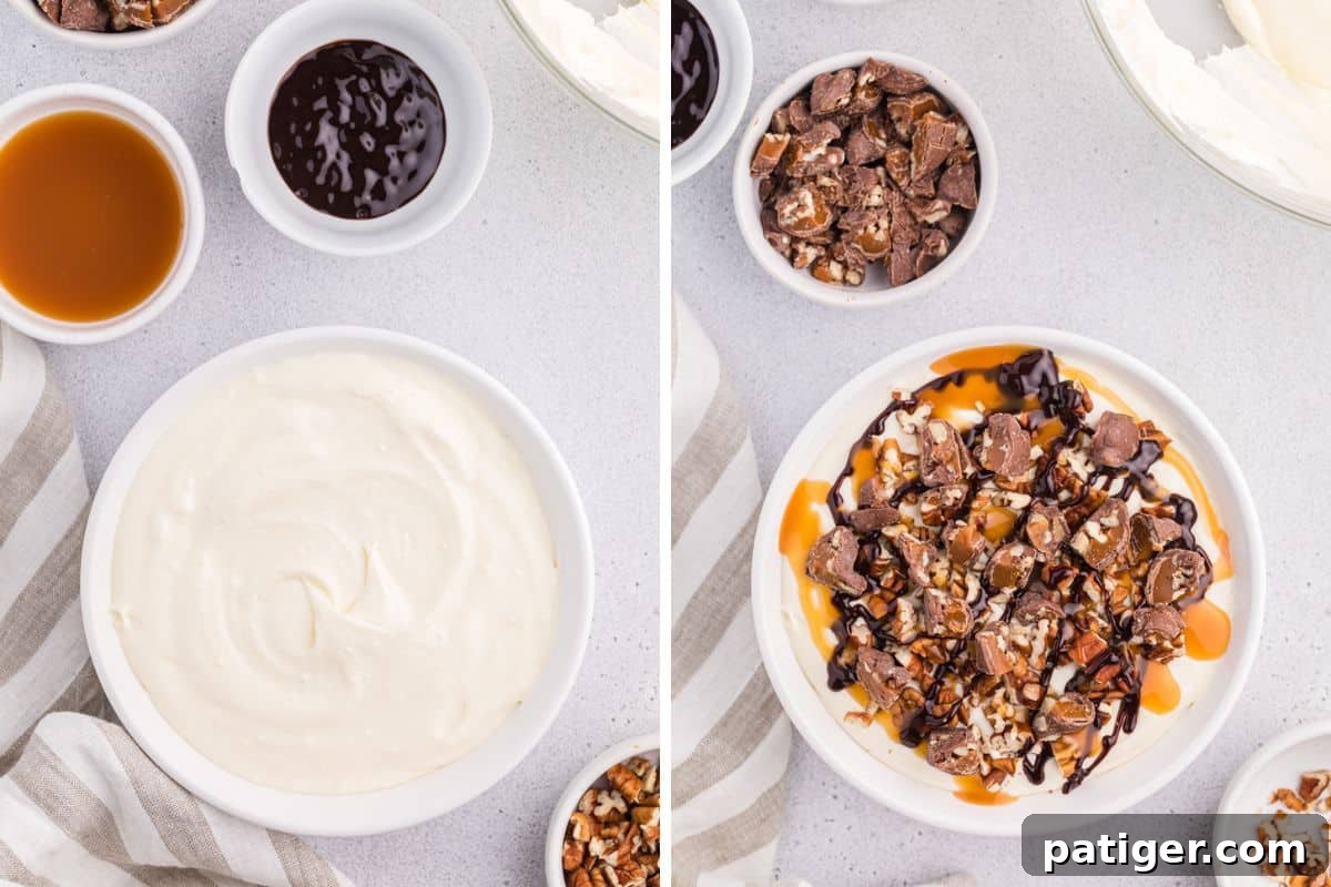 Two image collage of creamy cheesecake dip in serving bowl before and after topping with caramel sauce, chocolate sauce, pecans, and chopped Turtle candies.