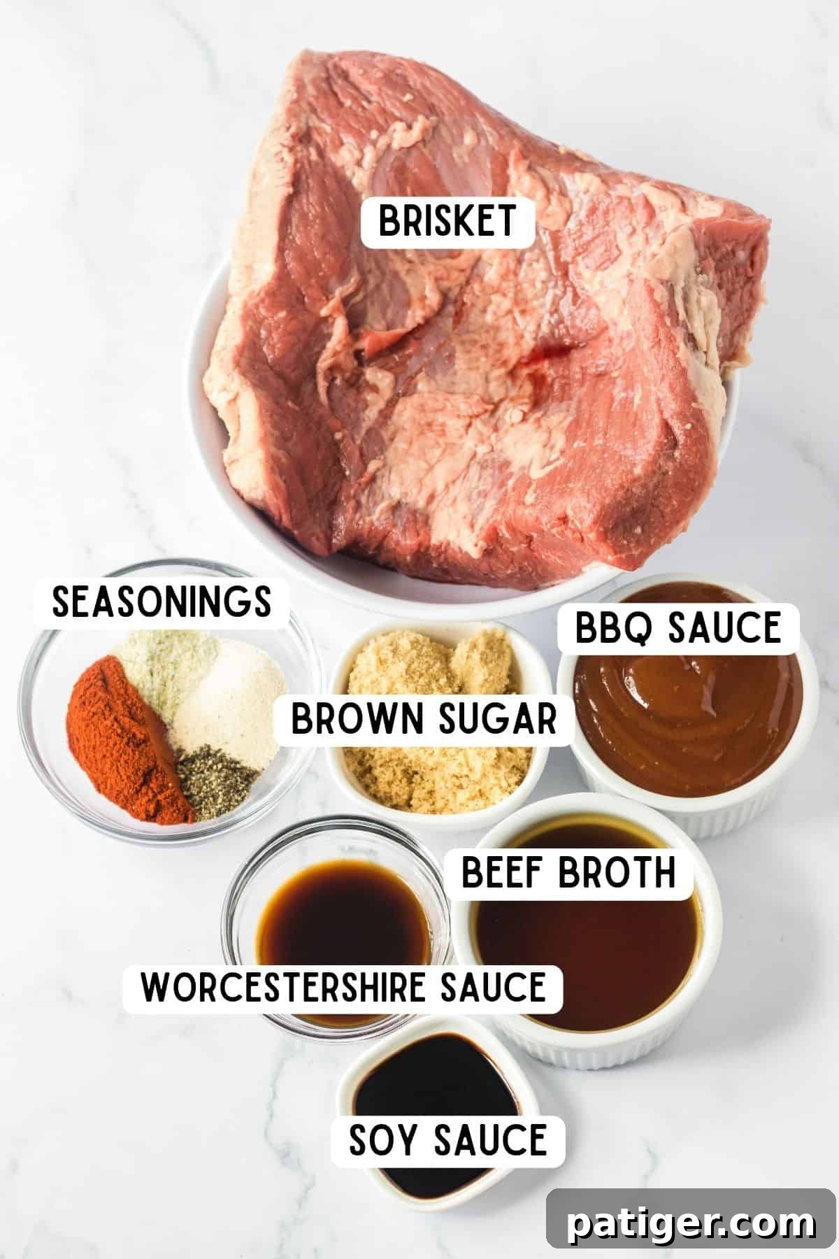 Beef brisket, soy sauce, bbq sauce, beef broth, worcestershire sauce, brown sugar and seasonings.