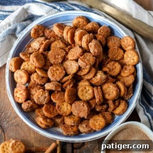 Cinnamon sugar Ritz Churro Bites in a large serving bowl.
