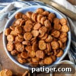 Cinnamon sugar Ritz Churro Bites in a large serving bowl.