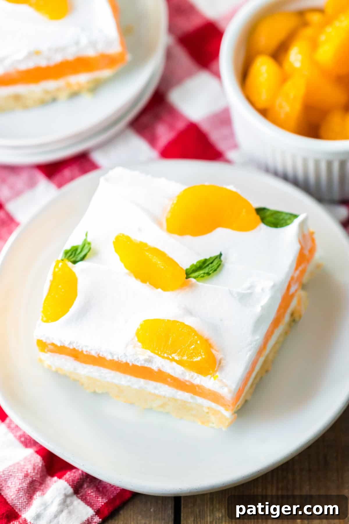 Top of orange lush topped with mandarin orange pieces and mint leaves.