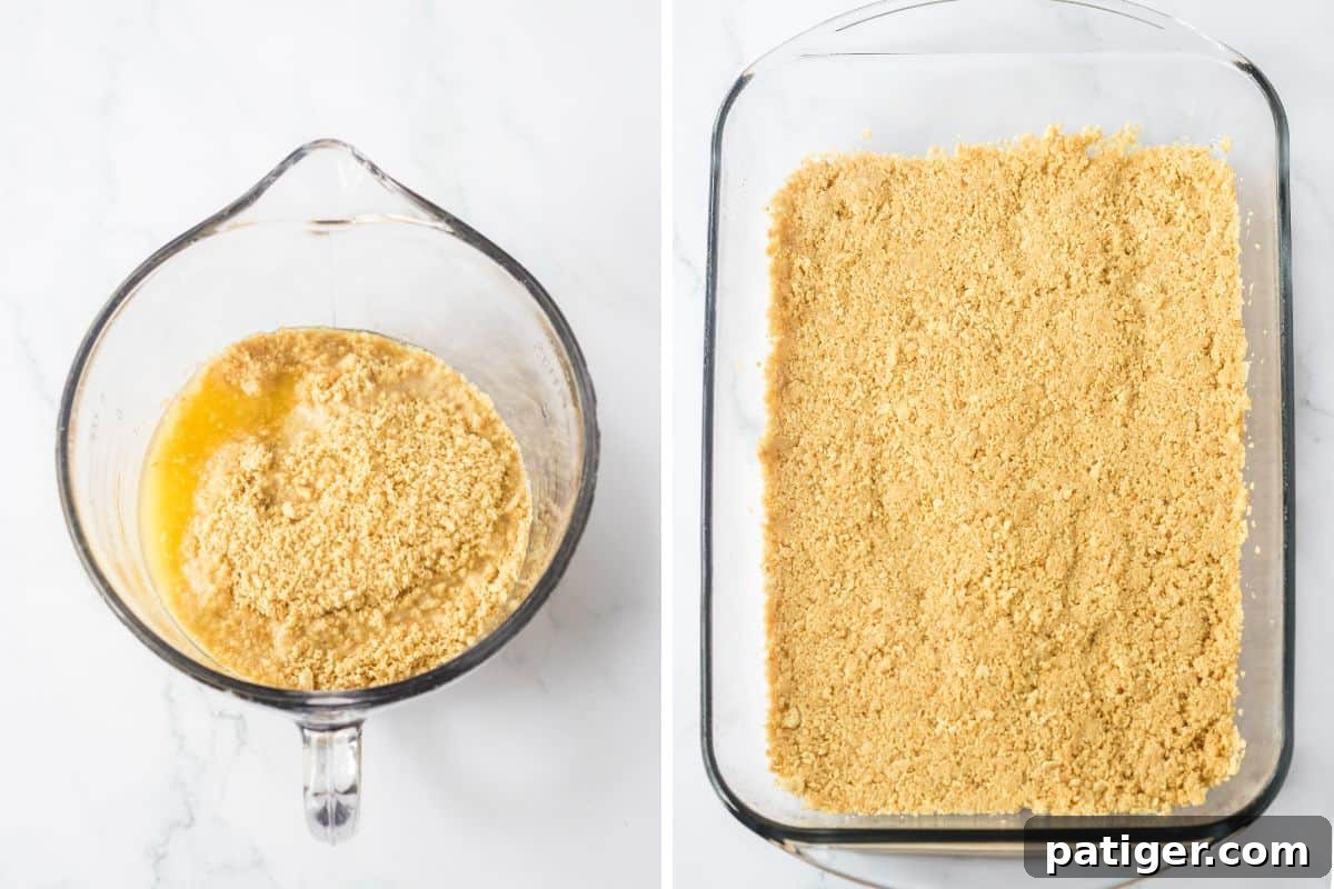 Two image collage of golden oreo crumbs and melted butter in mixing bowl and then pressed evenly into a glass 9 x 13 dish.