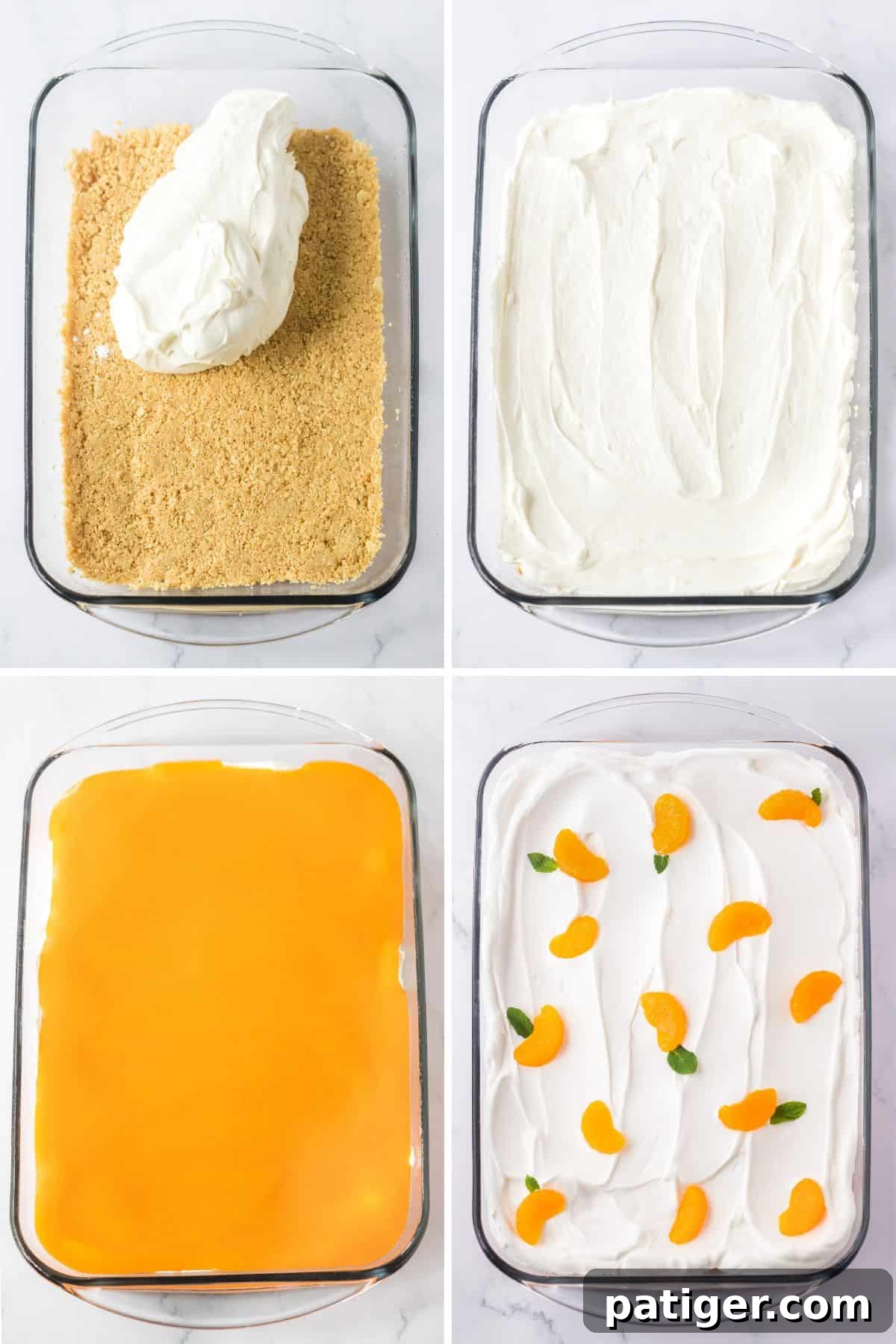 Four image collage of layers of orange creamsicle dessert: cookie crust, sweetened cream cheese layer, orange jello layer, and cool whip topped with mandarin oranges and fresh mint leaves.