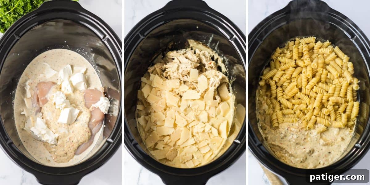 Creamy Crockpot Garlic Parmesan Chicken Pasta 5 Three image collage of bowl of slow cooker: with raw chicken, sauce and cream cheese; with the
cooked, shredded chicken topped with parmesan cheese; and with the rotini added.