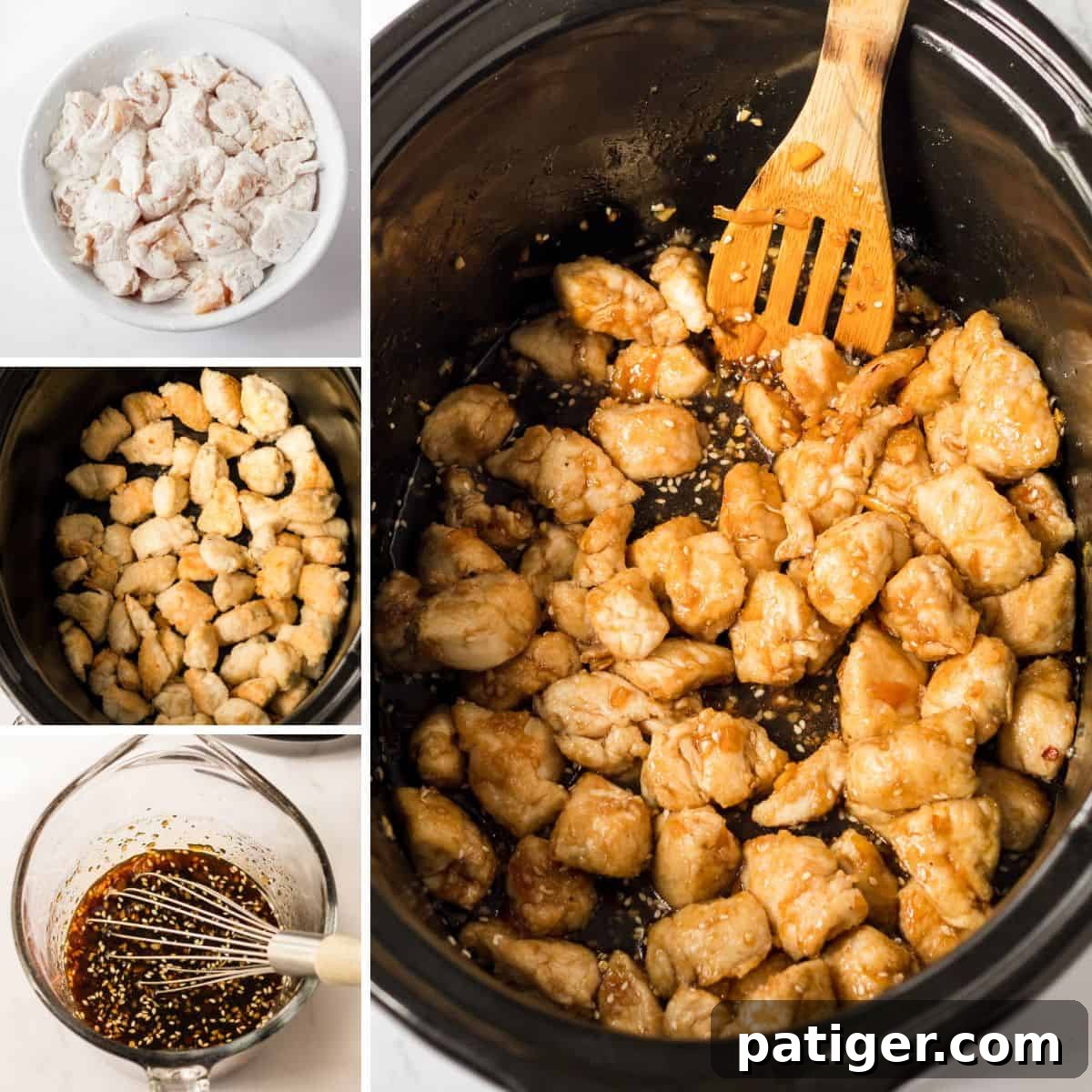 Four image collage of steps to making orange chicken in the crockpot. 1: toss chicken pieces in cornstarch. 2: brown chicken and place in slow cooker. 3: Whisk sauce ingredients together in bowl. 4: Add sauce to slow cooker and toss to coat.