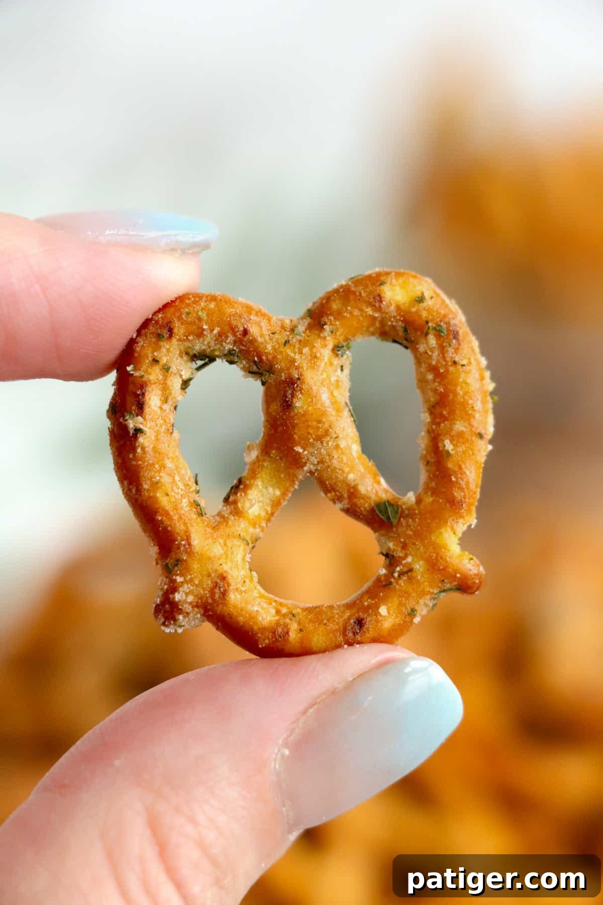 A hand reaches into a bowl, picking up a homemade seasoned pretzel, highlighting its golden, coated texture.