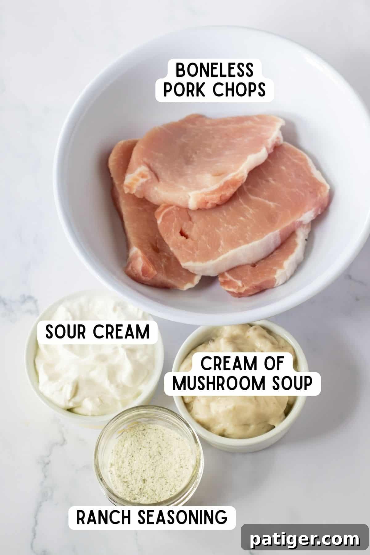 Effortless 4-Ingredient Oven Baked Pork Chops 4 4 Ingredient Pork Chop Ingredients: boneless pork chop, sour cream, cream of mushroom soup, and ranch seasoning.