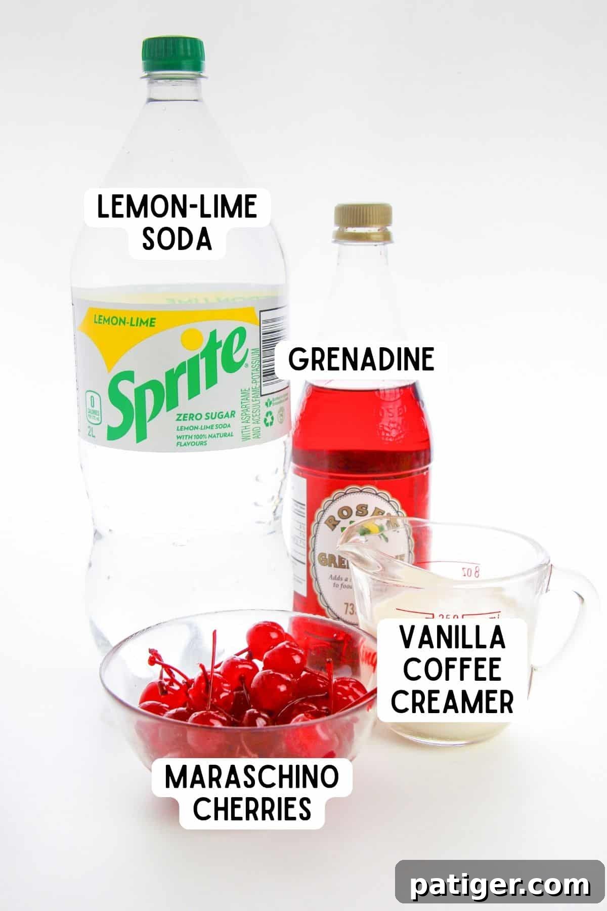 Shirley Temple Cream Soda 3 Sprite, grenadine, vanilla coffee creamer, and maraschino cherries.