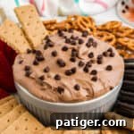 Brownie batter dip with graham crackers, pretzels, and cookies for dipping.