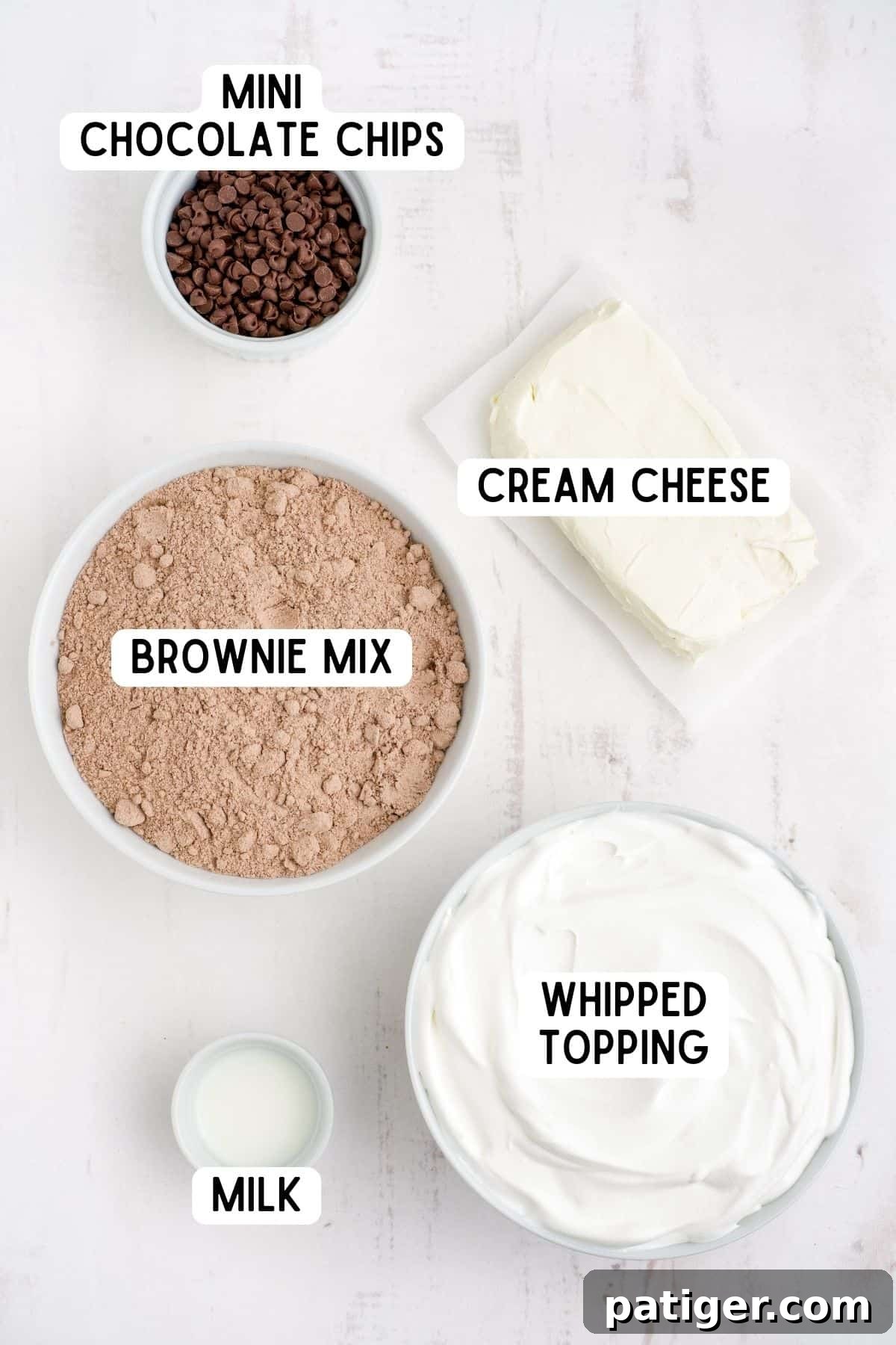 Edible Brownie Batter Dream 4 Whipped topping, milk, block of cream cheese, mini chocolate chips, and brownie mix.