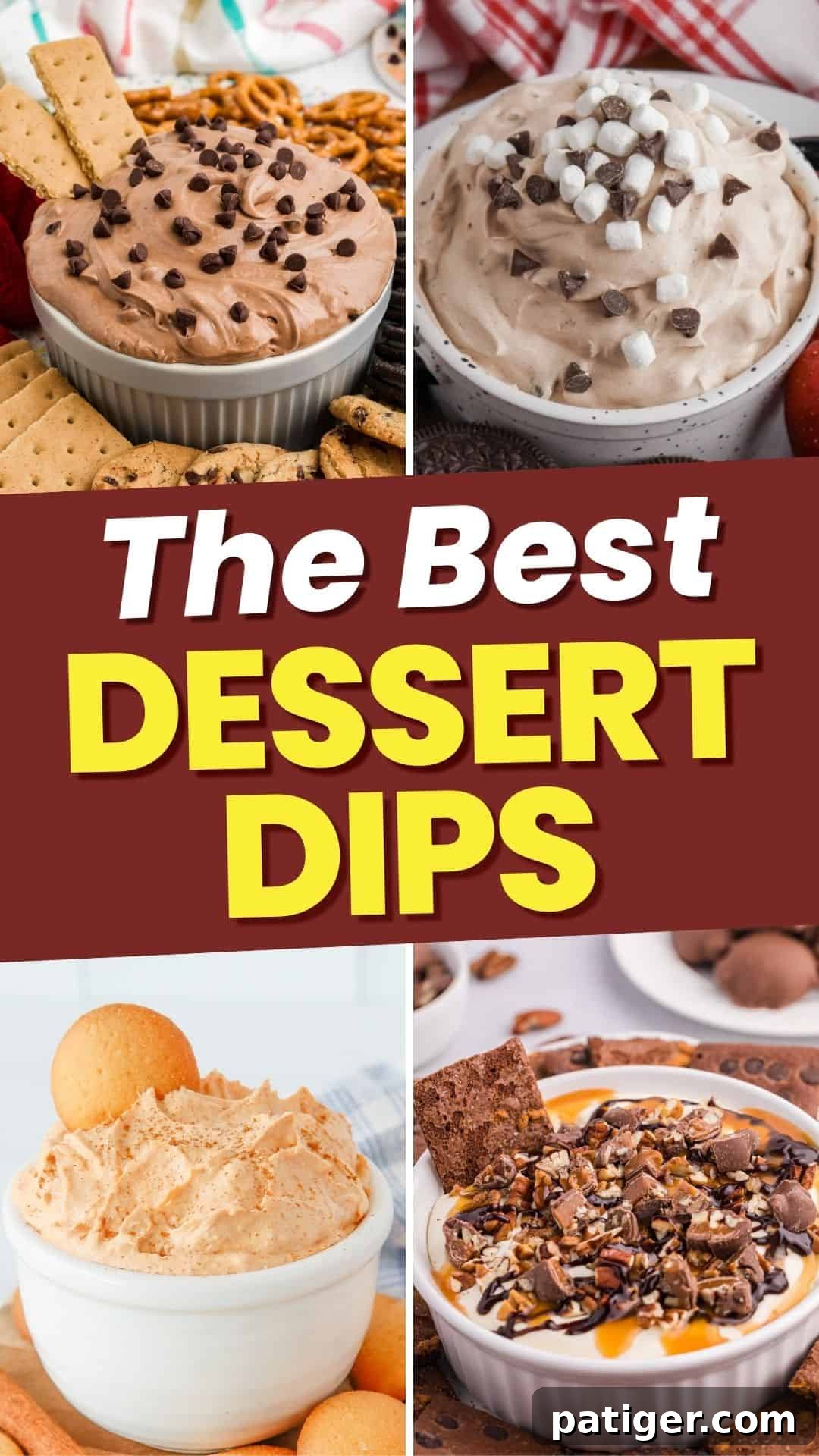 A collage featuring various dessert dips, highlighting their colorful and appealing textures for party snacks.