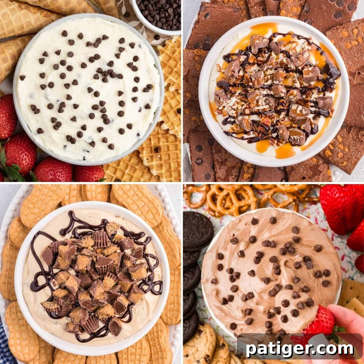 A four-image collage showcasing diverse dessert dips: creamy cannoli dip, rich Reese's cheesecake dip, decadent turtle dip, and luscious brownie batter dip.