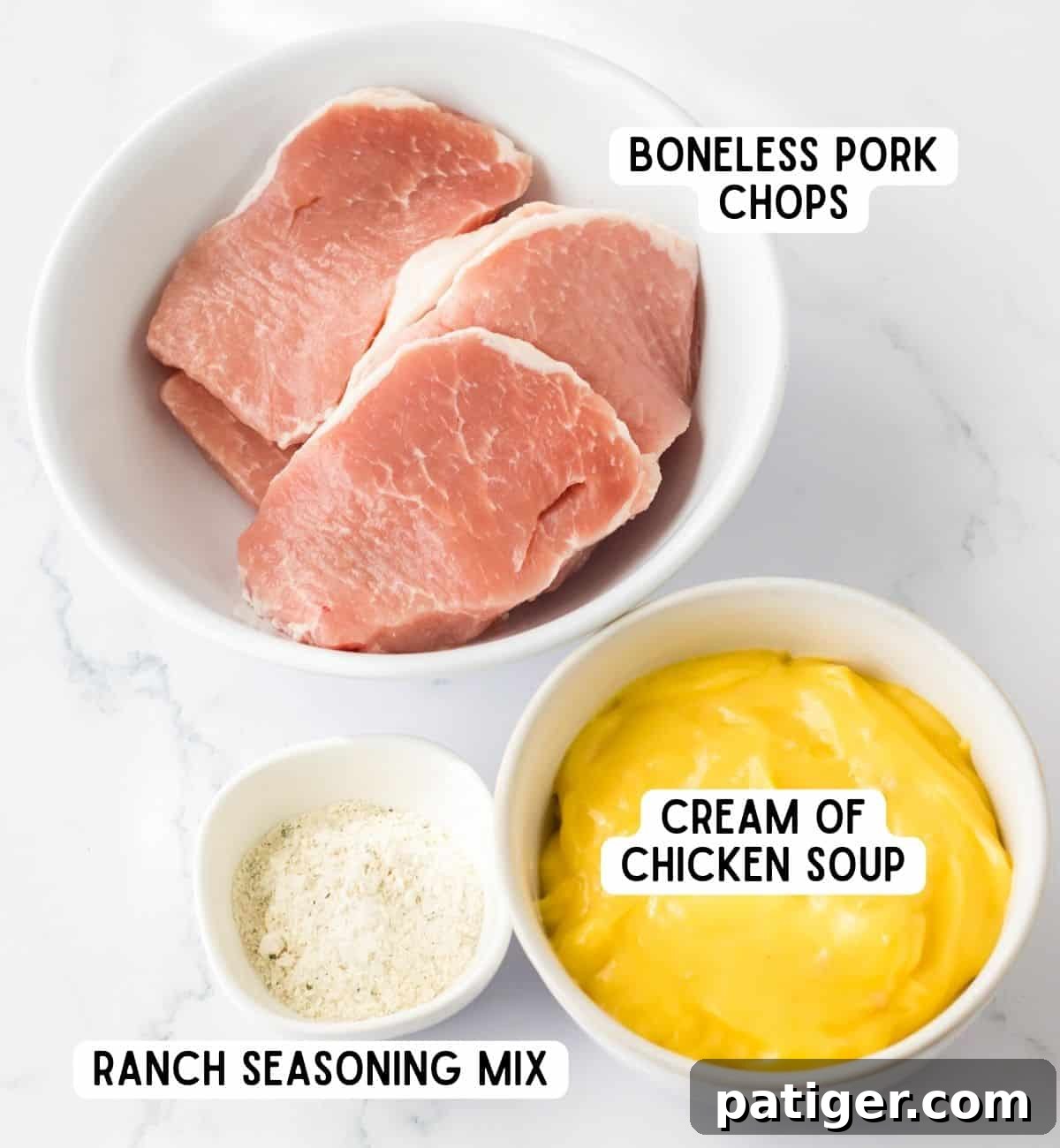 Melt-in-Your-Mouth Slow Cooker Ranch Pork Chops 4 Boneless pork chops, cream of chicken soup, and ranch seasoning mix.