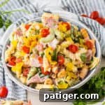 Italian sub pasta salad in a bowl.