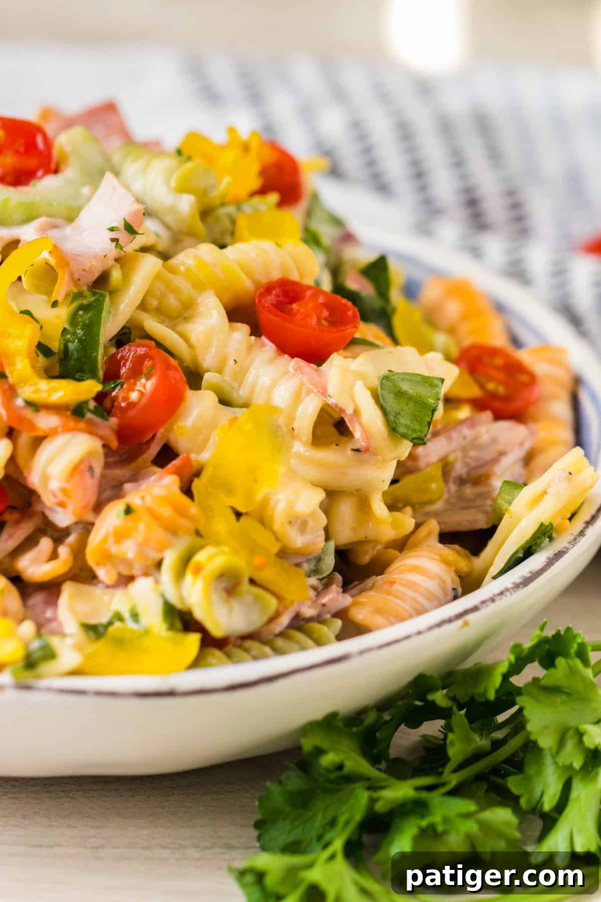 Italian Hoagie Pasta Salad 8 A generously sized bowl filled with a vibrant pasta salad featuring all the classic ingredients of an Italian hoagie, artfully arranged for serving.