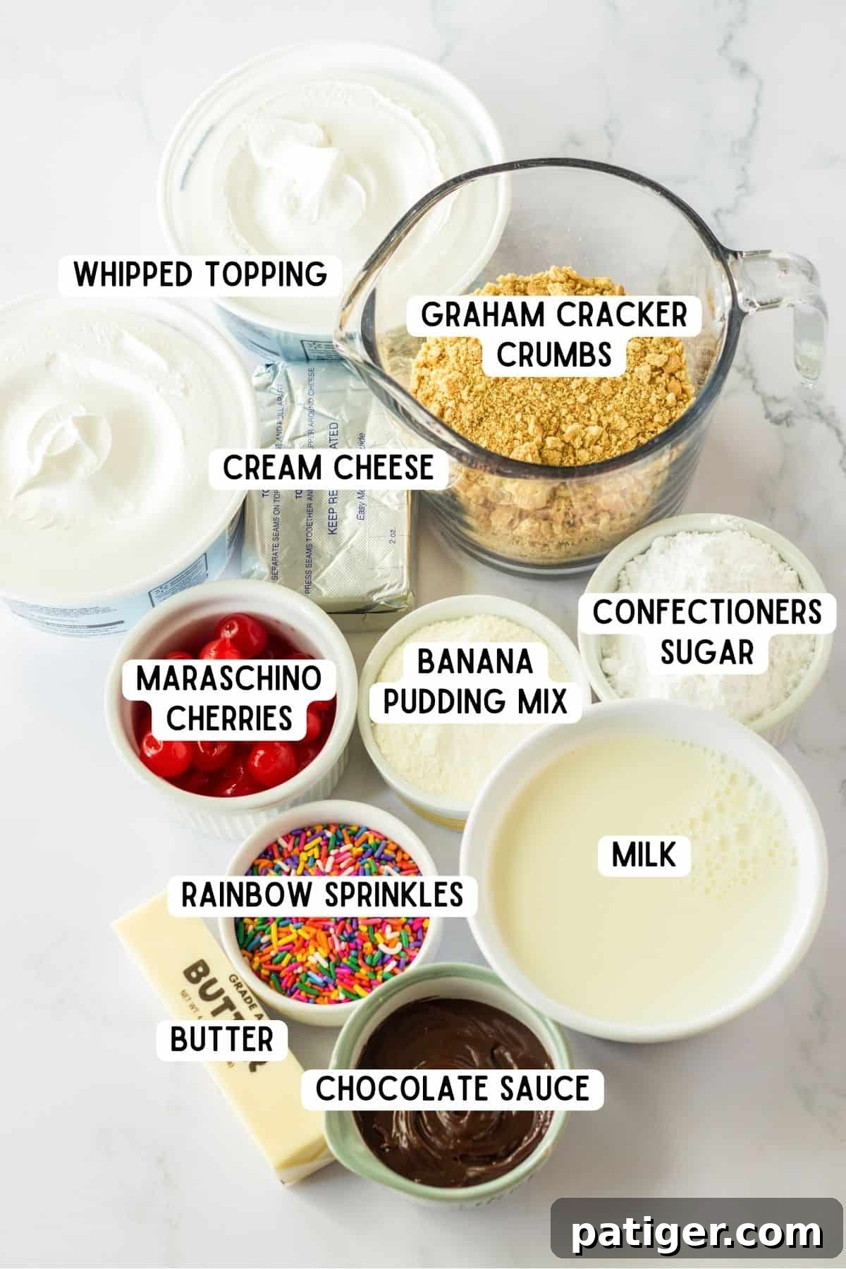 Ingredients for banana split dessert in bowls on countertop.