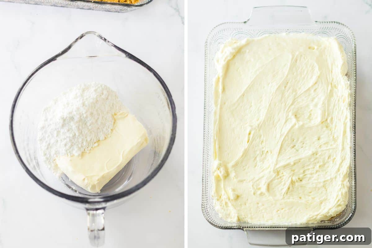 Cream cheese and powdered sugar in a mixing bowl and the sweetened cream cheese mixture added to the baking dish in an even layer.