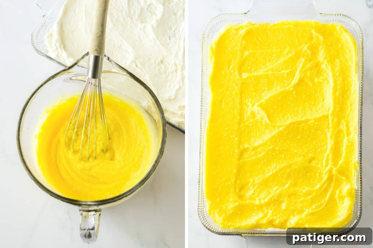Banana pudding in mixing bowl with wire whisk and the pudding added to an even layer in the baking pan.