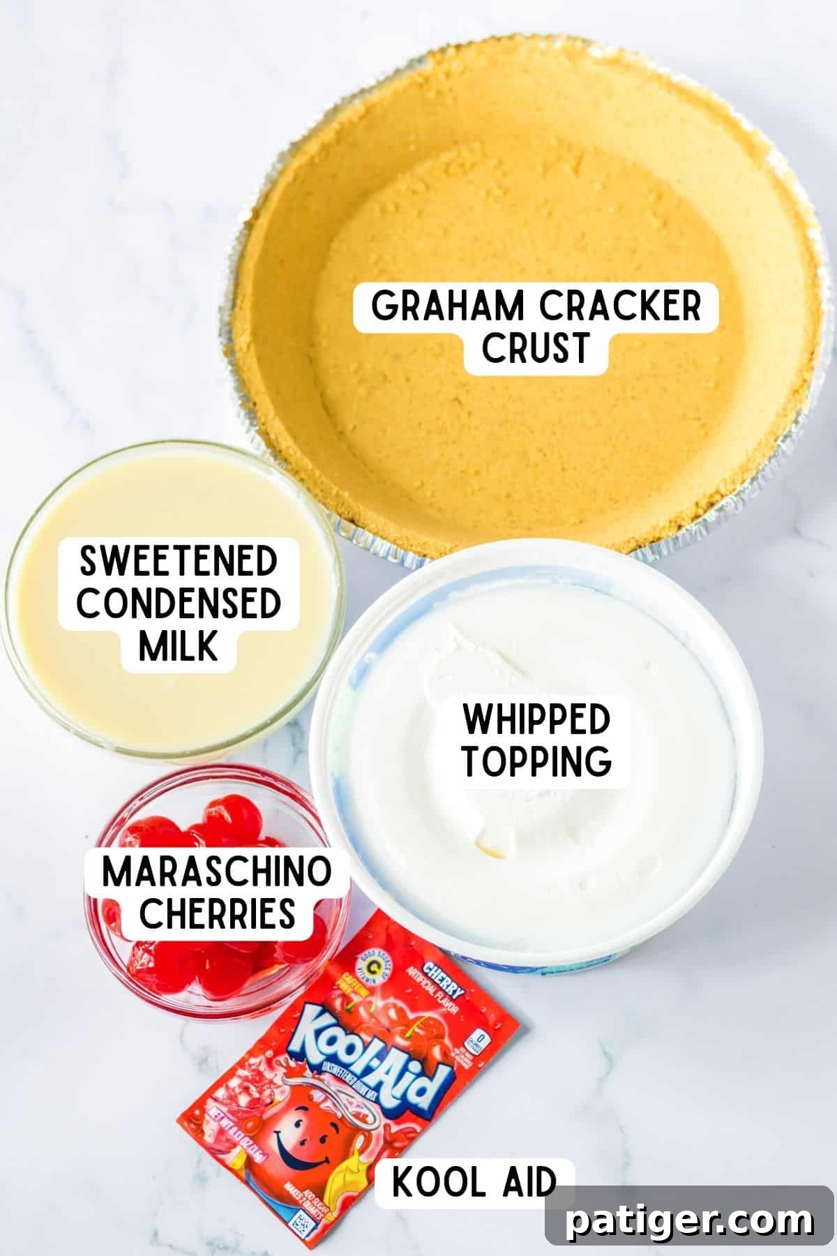Summer Sip Pie 4 A collection of ingredients laid out: a graham cracker pie crust, a can of sweetened condensed milk, a tub of whipped topping, a jar of maraschino cherries, and a packet of Kool-Aid mix.