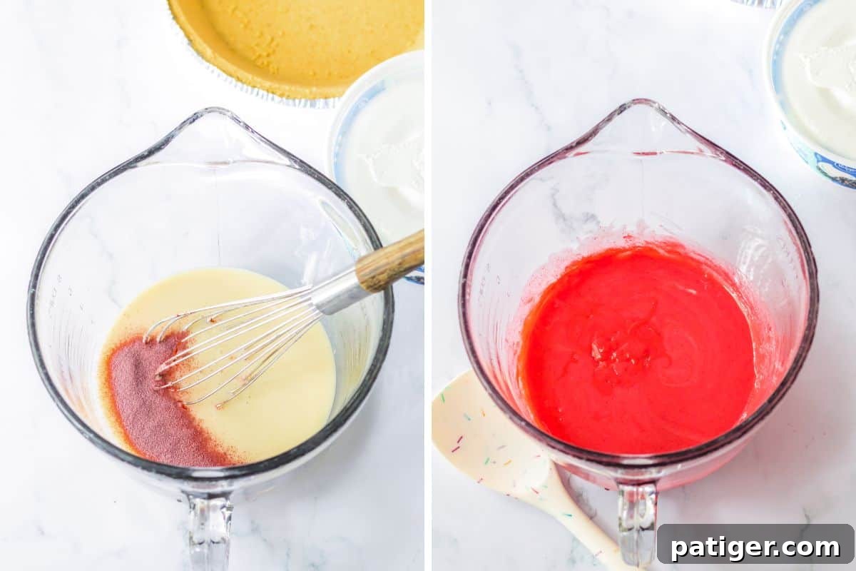 Summer Sip Pie 5 A two-image collage showing the process of mixing sweetened condensed milk with Kool-Aid powder in a bowl, demonstrating the initial step of combining the base ingredients.