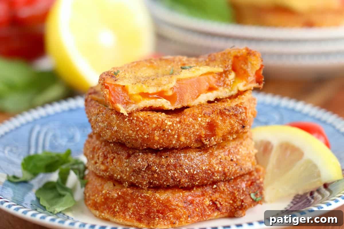 Fried red tomatoes served with fresh basil and lemon wedge. A couple bites have been taken out of one tomato to reveal the juicy red tomato inside.