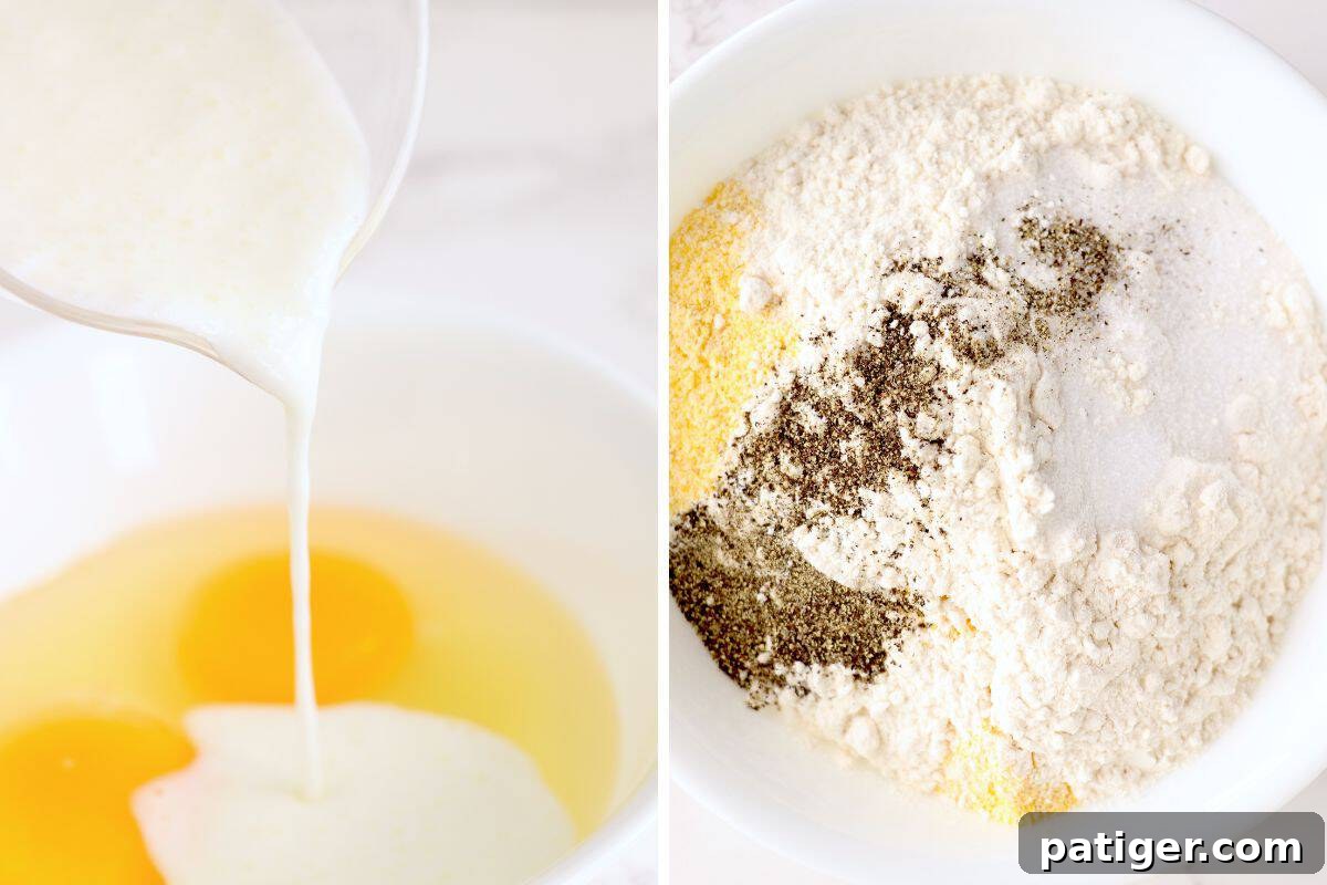 Two image collage. Image 1: buttermilk being poured into bowl with two eggs. Image 2: bowl with flour, cornmeal, and other dry ingredients.
