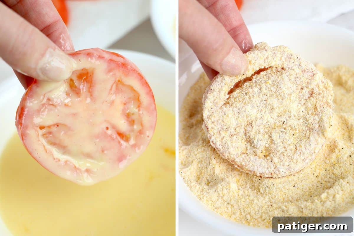 Two image collage. Image 1: tomato slice being dipped into buttermilk mixture. Image 2: tomato being coated in cornmeal mixture.