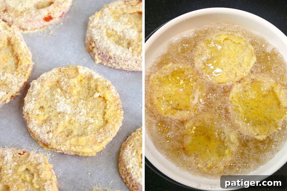 Two image collage. Image 1: battered red tomato slices on parchment paper. Image 2: 4 tomato slices frying in oil in a skillet.