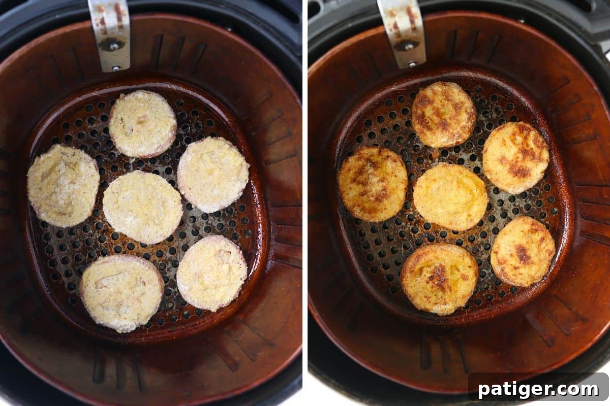 Two image collage. Image 1: tomato slices in air fryer before being air fried. Image 2: Golden brown air fried tomato slices in basket of air fryer.