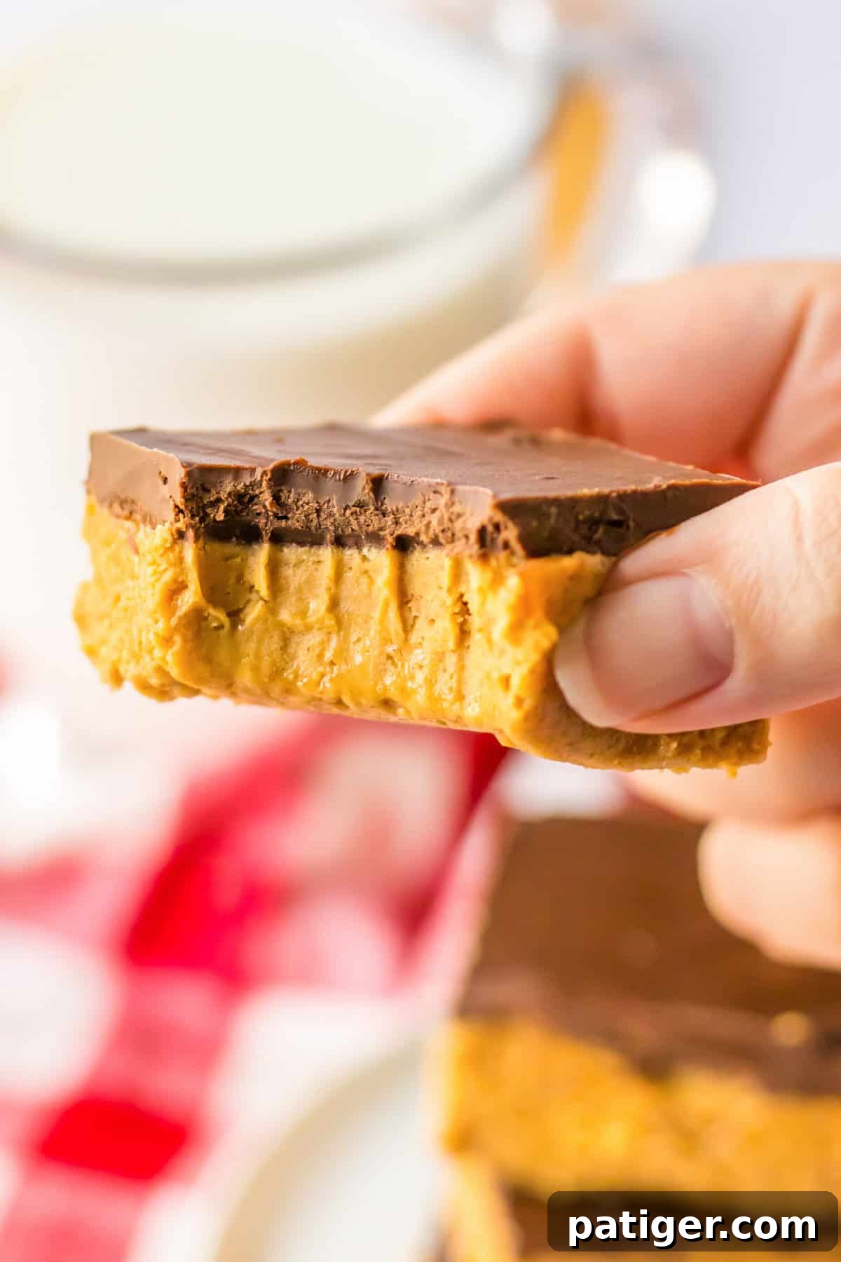 Chilled Chocolate Peanut Butter Fudge Squares 3 A no-bake peanut butter bar with a bite taken out, revealing the distinct peanut butter and chocolate layers.