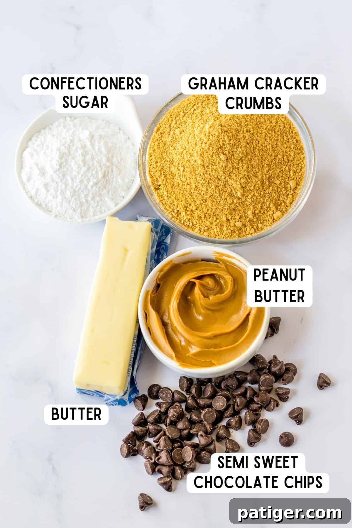 Chilled Chocolate Peanut Butter Fudge Squares 4 Individual ingredients laid out: confectioners sugar, creamy peanut butter, graham cracker crumbs, a stick of butter, and chocolate chips.