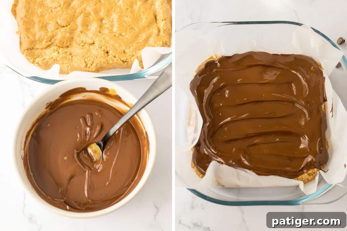 Chilled Chocolate Peanut Butter Fudge Squares 6 A bowl of melted chocolate with a spoon, and the melted chocolate spread evenly over the peanut butter bars in the lined 8-inch pan.