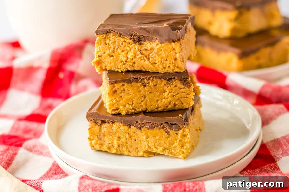 Chilled Chocolate Peanut Butter Fudge Squares 8 A beautiful display of 5-ingredient no-bake chocolate peanut butter bars stacked on a white plate, with a glass of milk and more bars in the background.