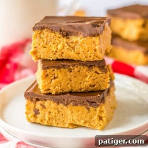 Chilled Chocolate Peanut Butter Fudge Squares 9 Three no-bake chocolate peanut butter bars stacked on a plate with milk and more bars behind them.