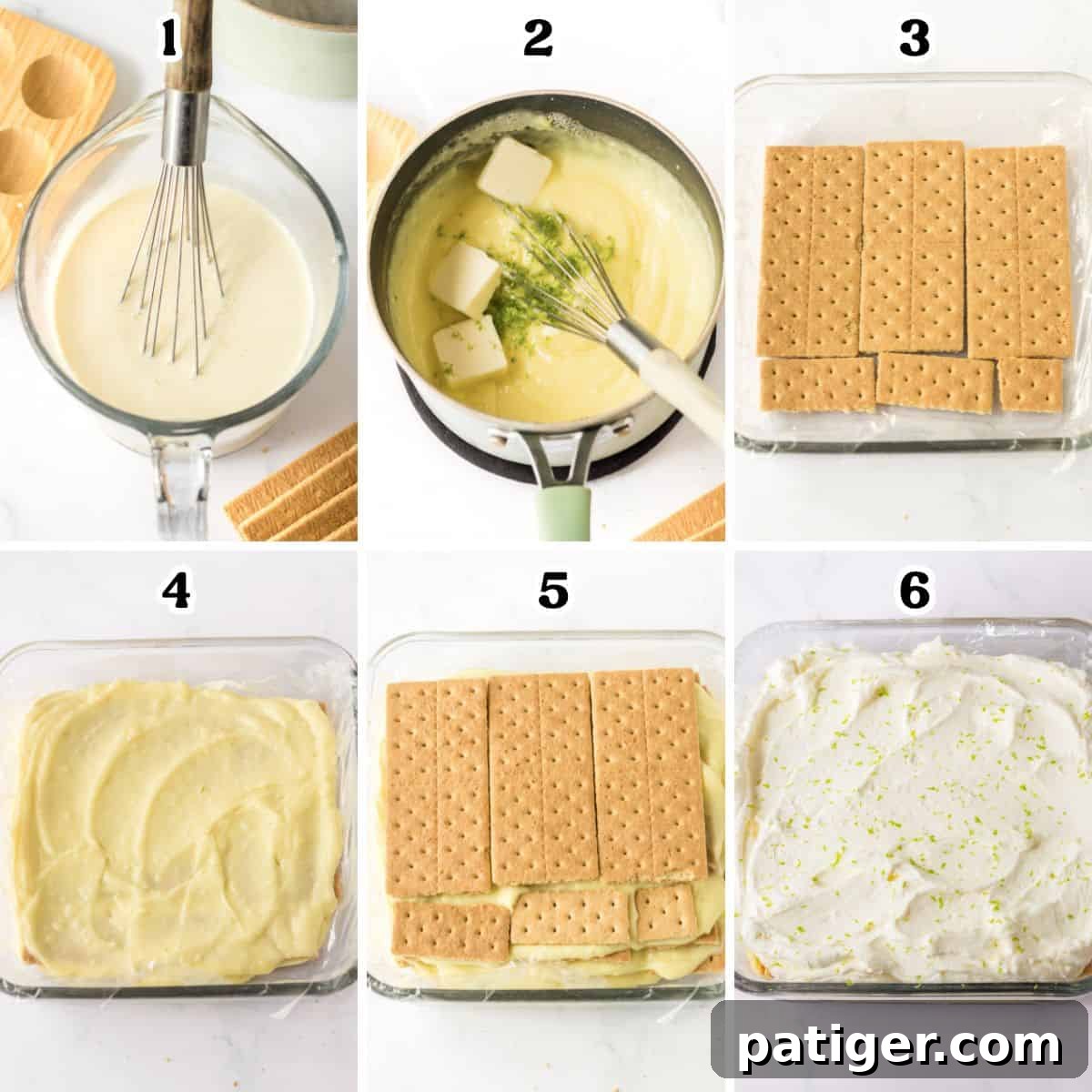 6 image collage of steps to make key lime cake. 1: whisk egg yolks and cream, 2: lime zest and butter added to pot of custard mixture, 3. layer graham crackers in bottom of dish in a single layer, 4: top with key lime custard, 5: add layer of graham crackers, 6: top with homemade whipped topping.