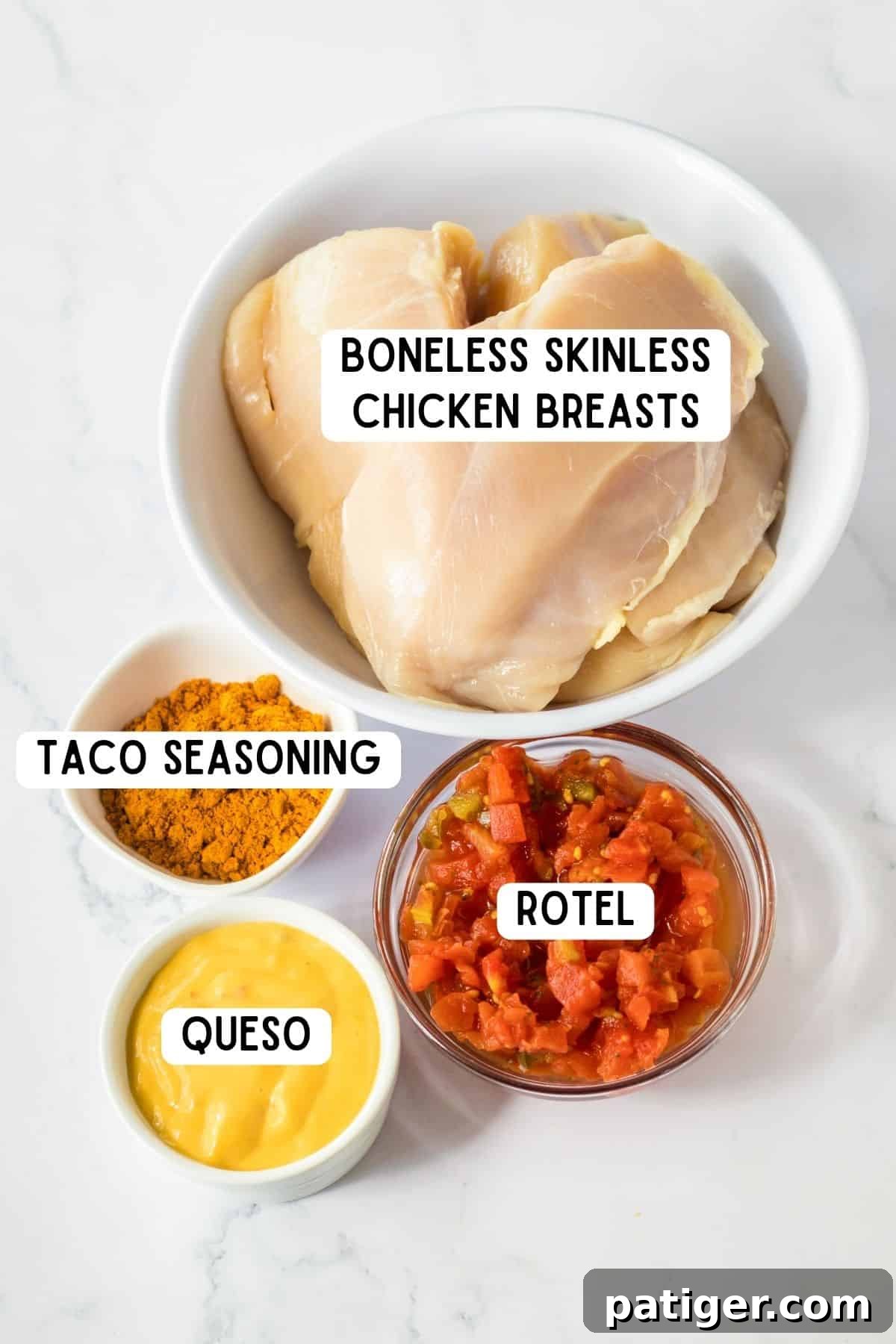 Four key ingredients for queso chicken: boneless skinless chicken breasts, a packet of taco seasoning, a can of Rotel, and a jar of creamy queso dip.