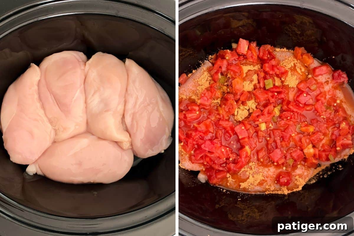 Two-image collage showing the initial steps: chicken breasts placed in the slow cooker, followed by taco seasoning and a can of undrained Rotel poured over them.
