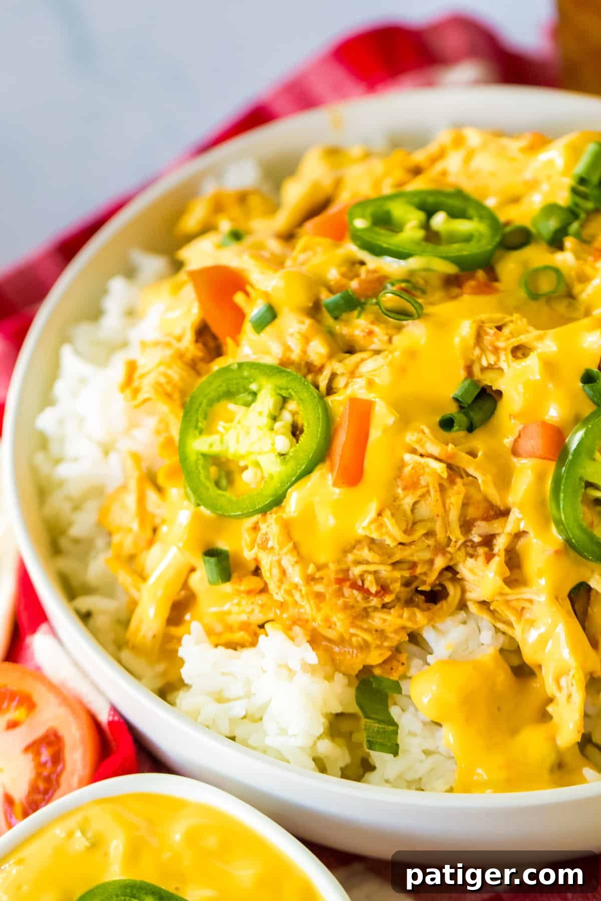 A vibrant bowl of 4-ingredient slow cooker queso chicken served over white rice, garnished with vibrant green onions and fiery sliced jalapeños.