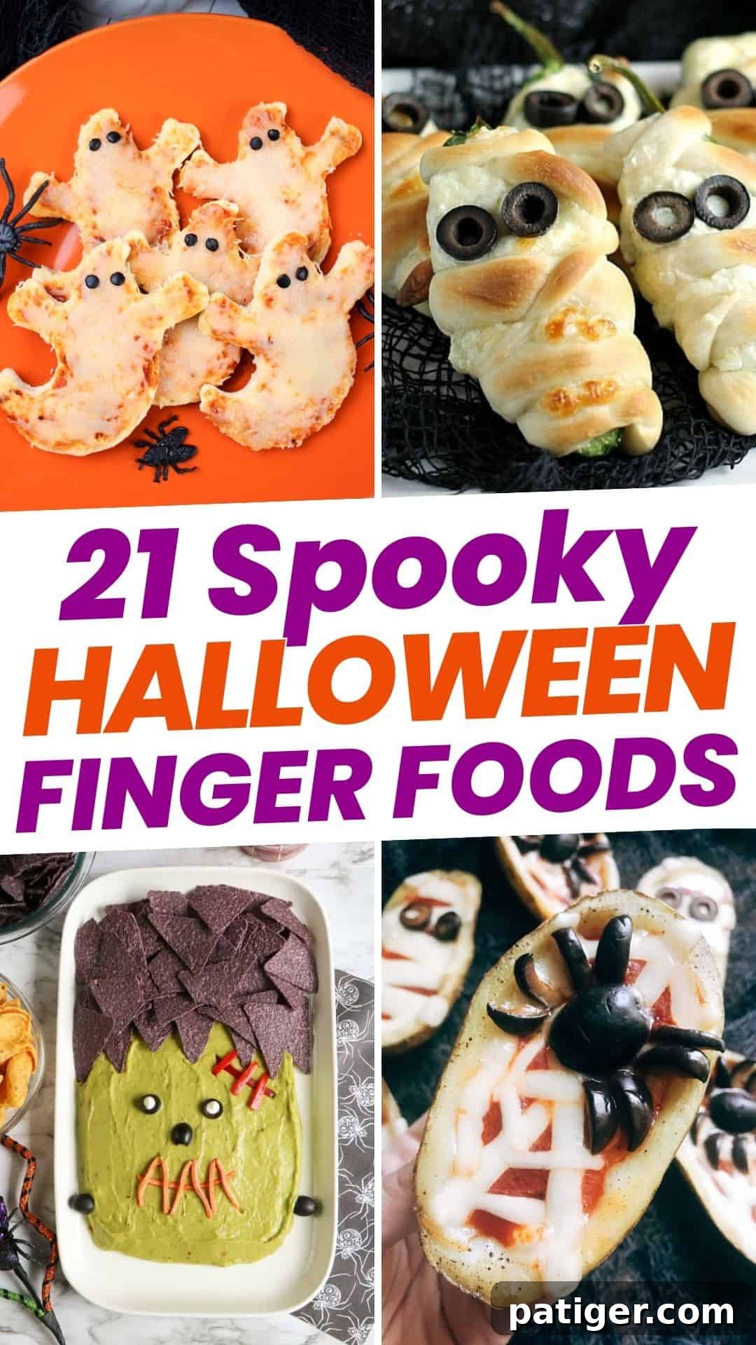 21+ Halloween Horror Bites 2 A vibrant collection of Halloween finger foods, including ghost pizzas, mummy hot dogs, and monster apple bites, displayed on a festive table setting.