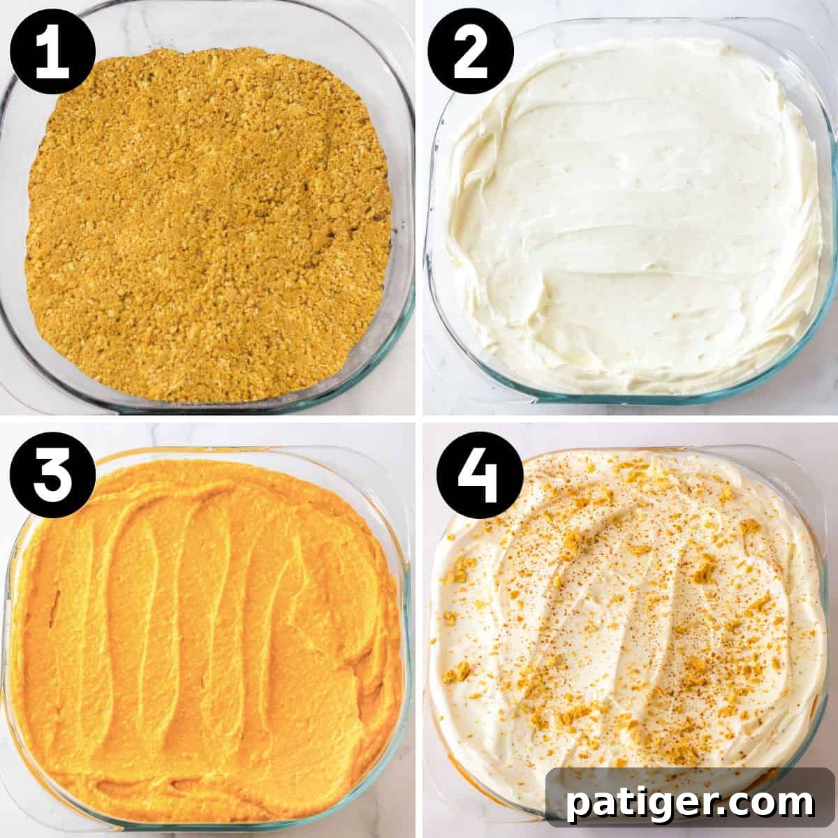 A four-image collage showing the preparation stages of the pumpkin dessert: First, the graham cracker crust pressed into the pan. Second: The sweetened cream cheese layer spread over the crust. Third: The creamy pumpkin filling added. Fourth: The final whipped topping, garnished with crushed graham crackers.