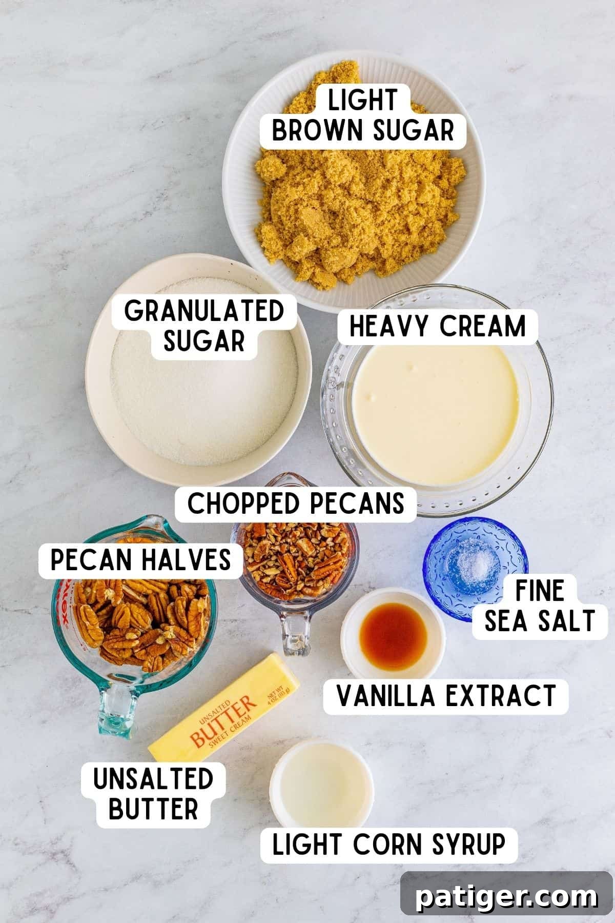 Light brown sugar, granulated sugar, heavy cream, pecan halves, chopped pecans, fine sea salt, butter, vanilla extract, and light corn syrup.