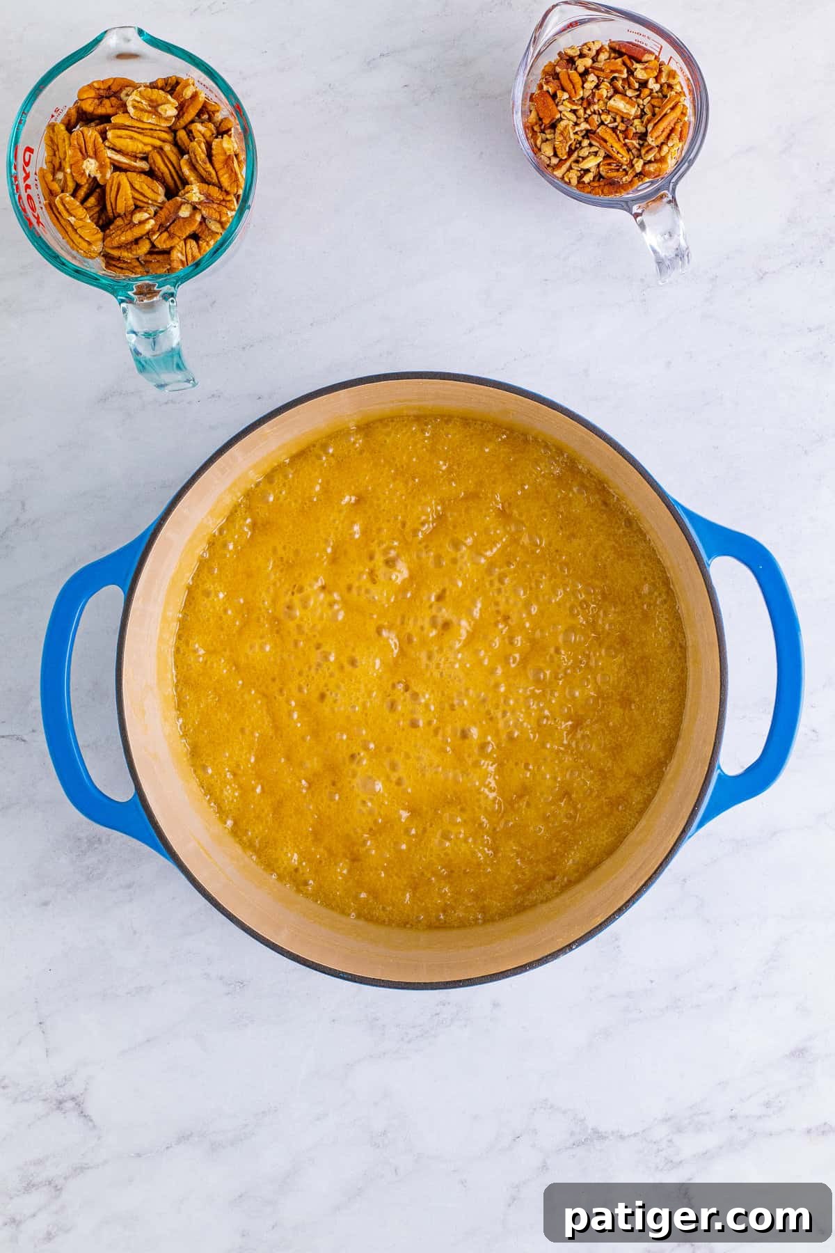 Sugar mixture at a low boil in the large pot.