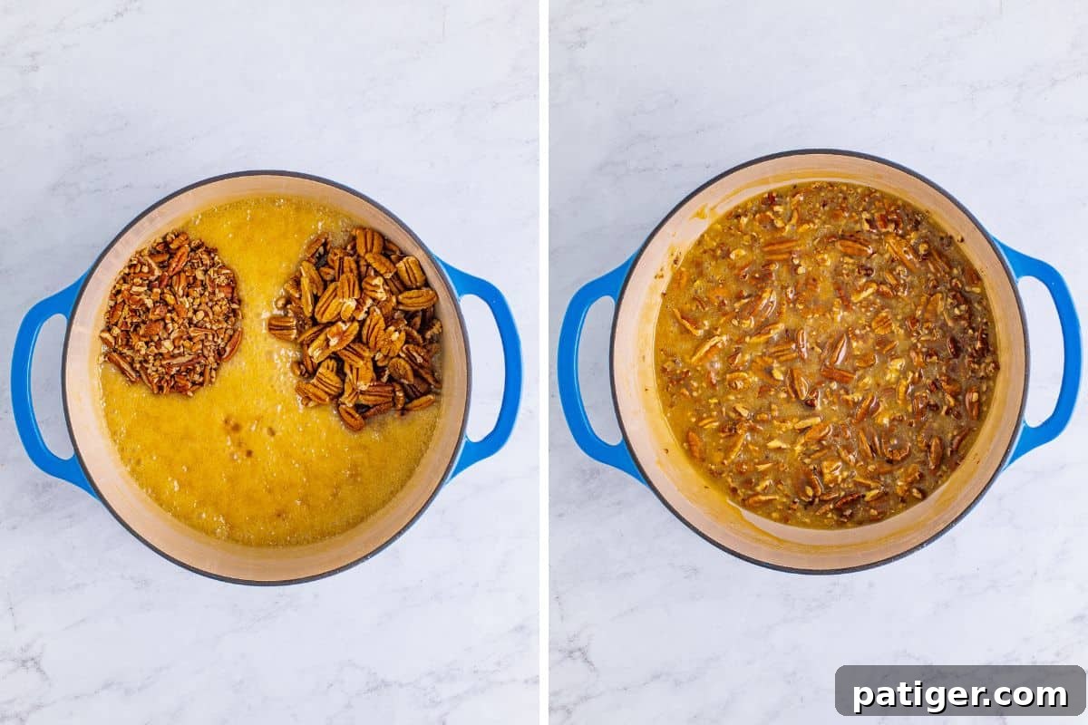 Two image collage of pecans and vanilla added to dutch oven and then after they have been stirred in to the mixture.