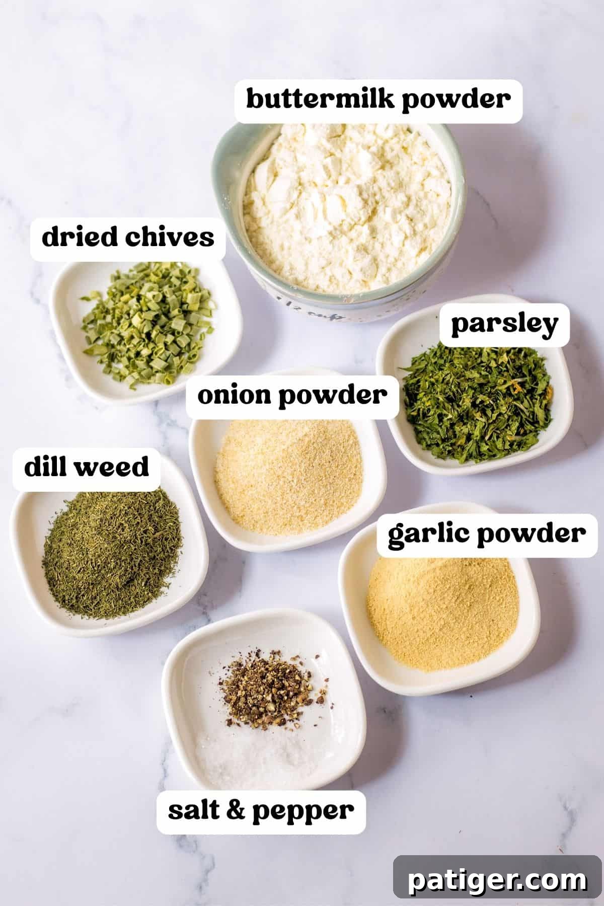 Delicious Homemade Ranch Seasoning 3 Close-up shot of the individual dried herbs and spices, including buttermilk powder, used in the ranch seasoning mix.