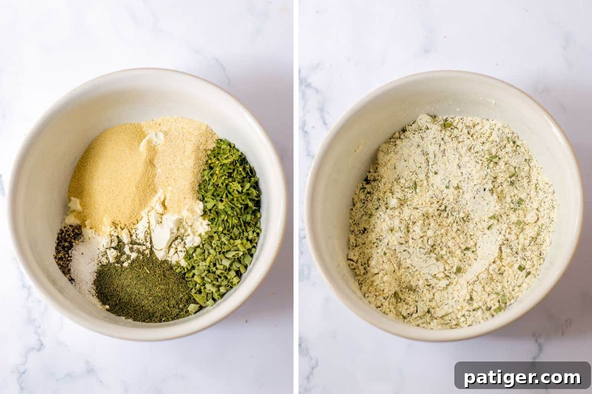 Delicious Homemade Ranch Seasoning 4 A two-image collage showing dry ranch mix ingredients in a small bowl, before and after being thoroughly mixed and combined.