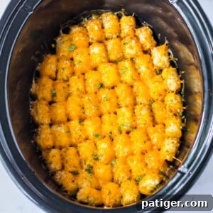 Slow cooker tater tot casserole with melted cheese and ground beef.