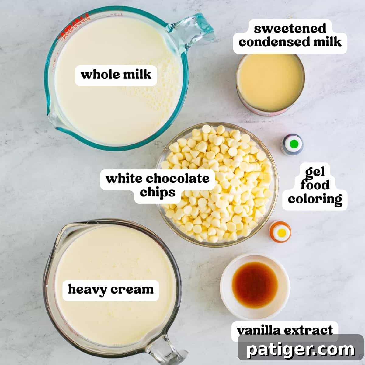 Whole milk, heavy cream, sweetened condensed milk, gel food coloring in yellow and red, white chocolate chips, and vanilla extract.