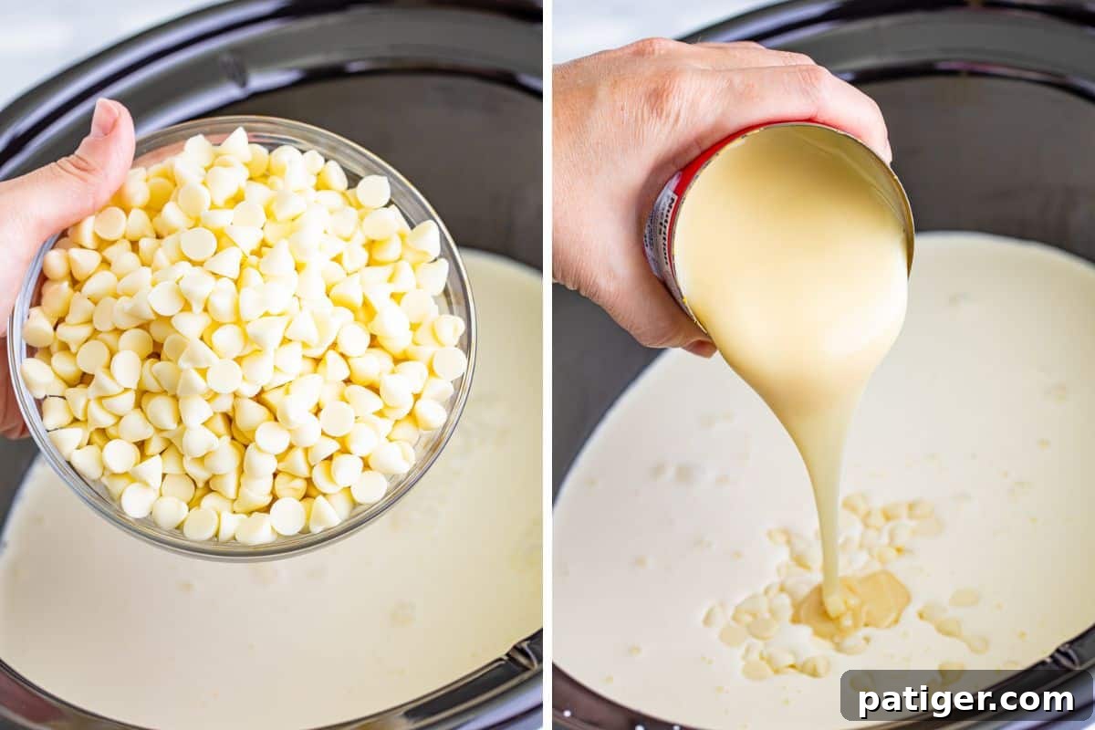 white chocolate chips and can of sweetened condensed milk being added to slow cooker.